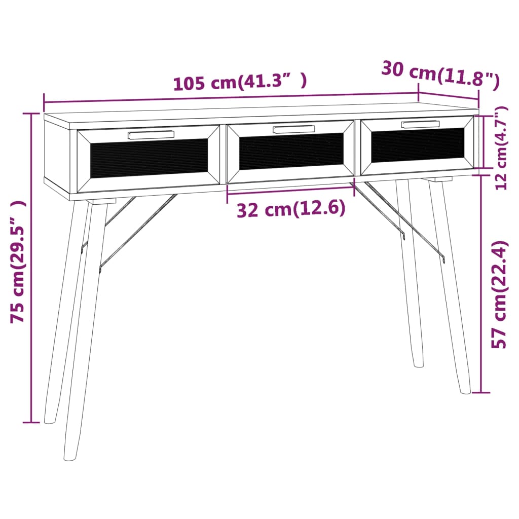 Konsolentisch 105X30X75 Cm Massivholz Kiefer Natur-Rattan