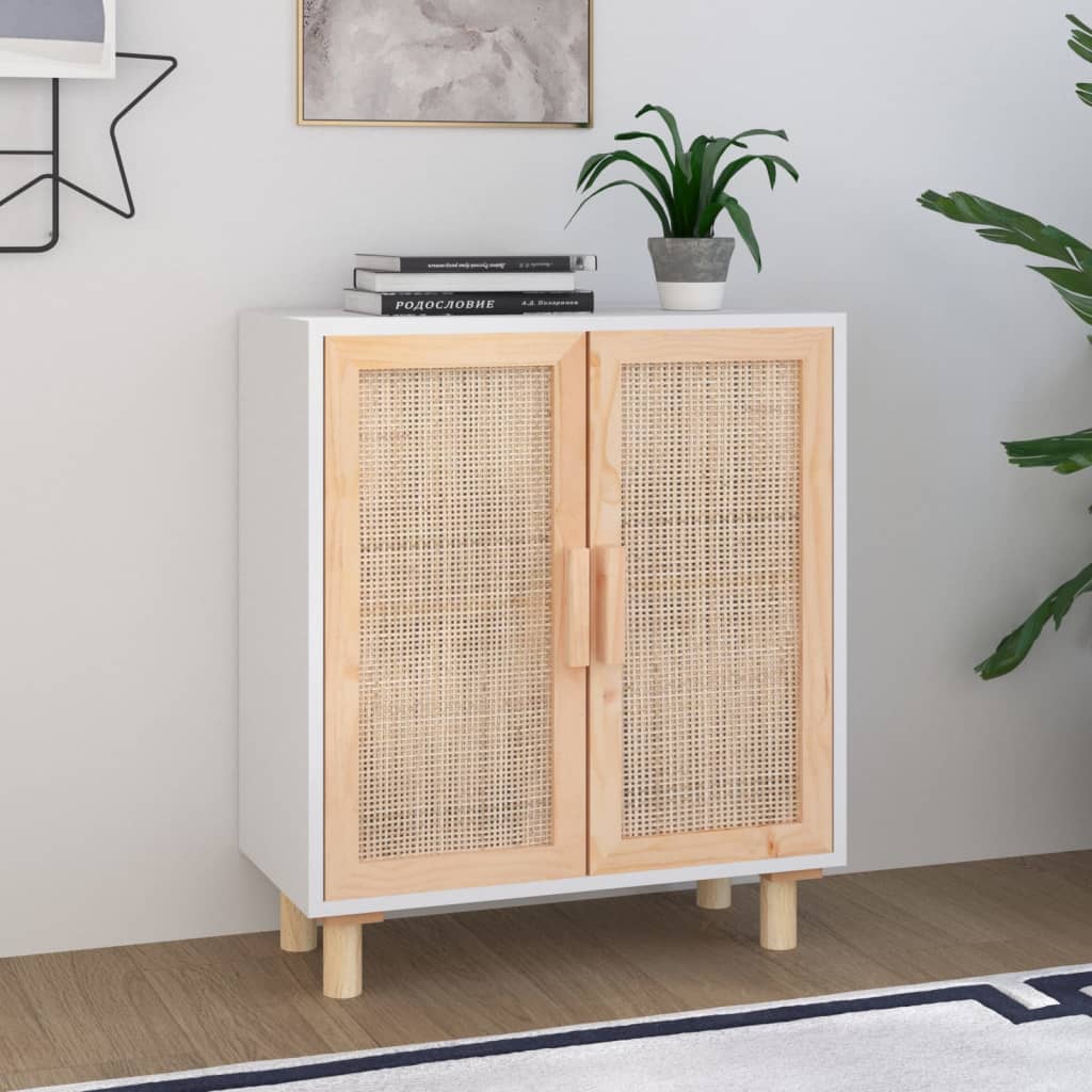 Sideboard 60X30X70 Cm Massivholz Kiefer Und Natur-Rattan