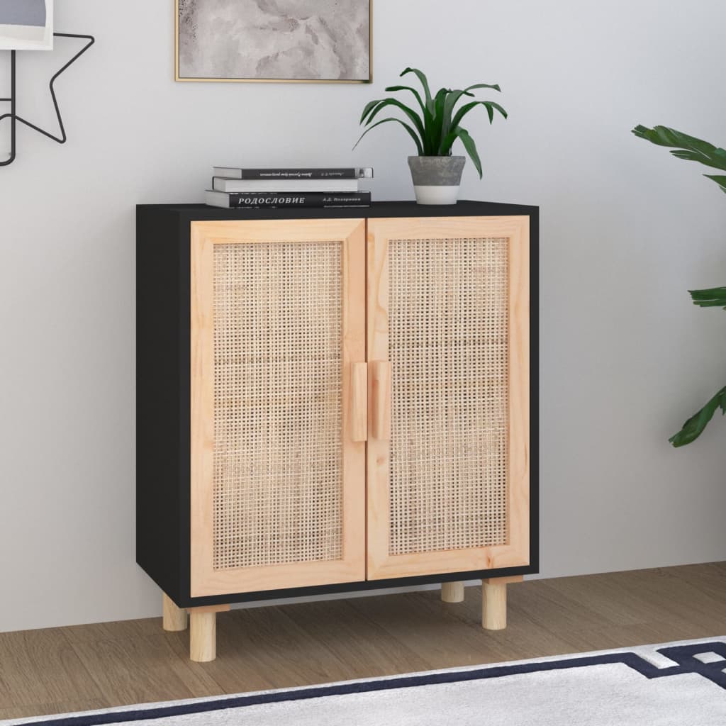 Sideboard 60X30X70 Cm Massivholz Kiefer Und Natur-Rattan