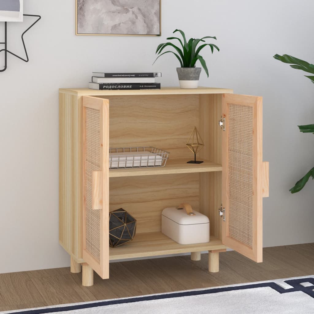 Sideboard 60X30X70 Cm Massivholz Kiefer Und Natur-Rattan