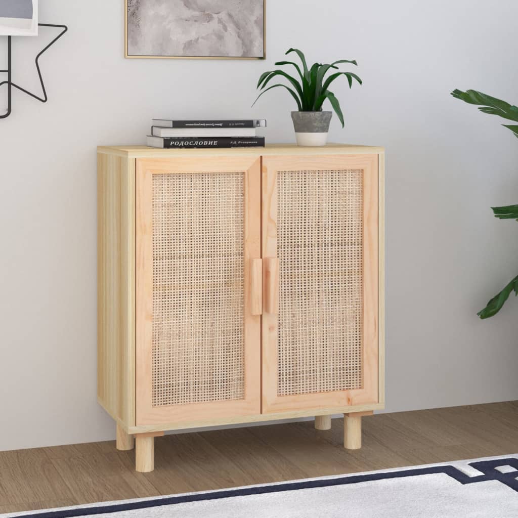 Sideboard 60X30X70 Cm Massivholz Kiefer Und Natur-Rattan