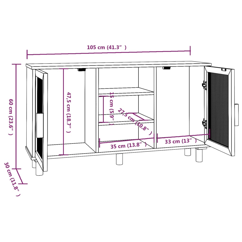 Sideboard 105X30X60 Cm Massivholz Kiefer Und Natur-Rattan