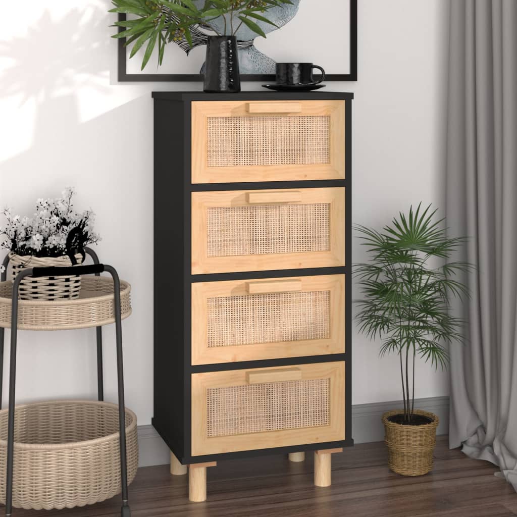 Sideboard 40X30X90 Cm Massivholz Kiefer Und Natur-Rattan