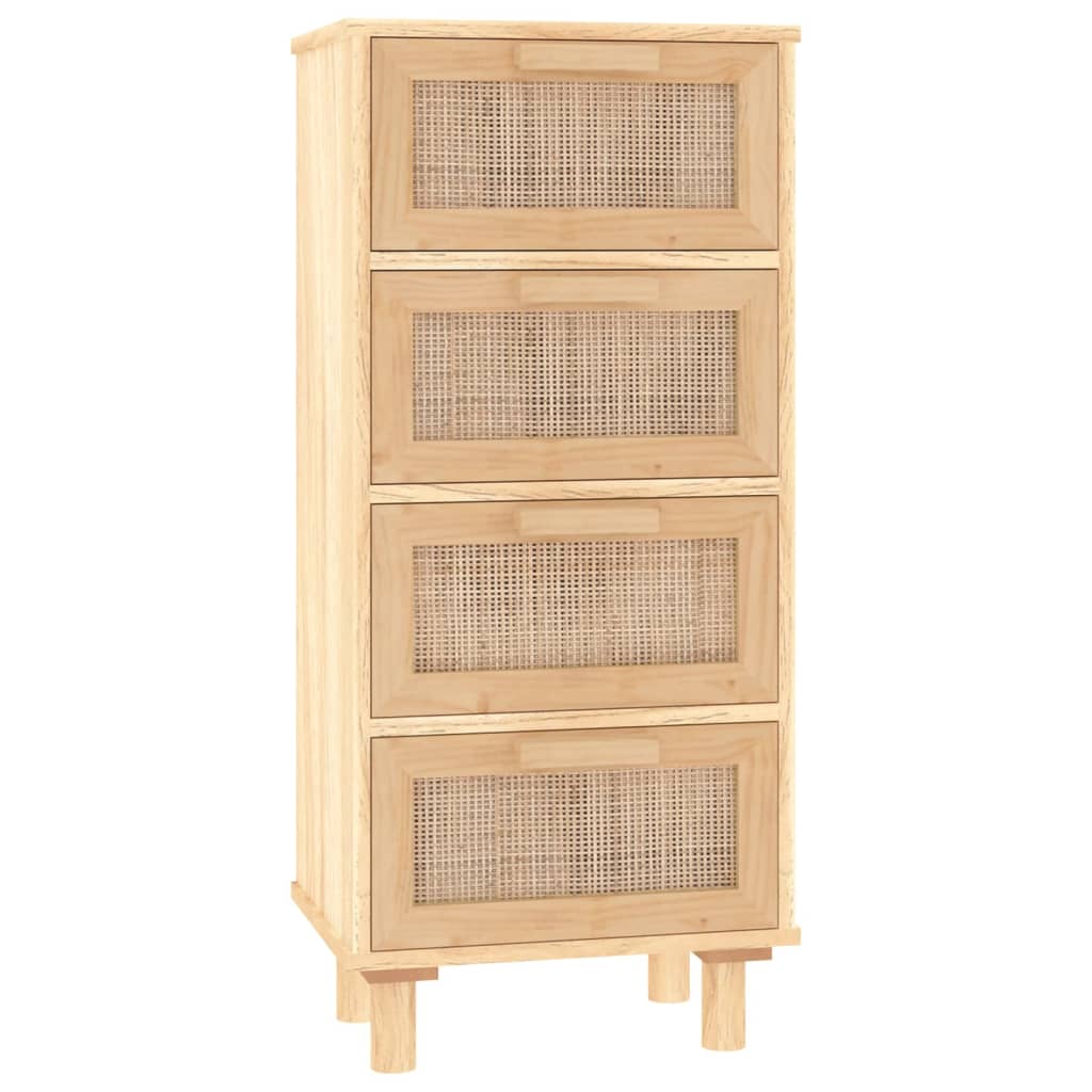 Sideboard 40X30X90 Cm Massivholz Kiefer Und Natur-Rattan