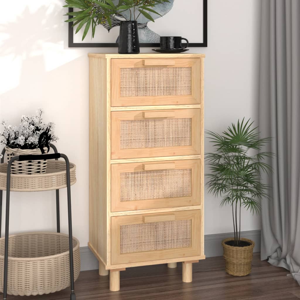 Sideboard 40X30X90 Cm Massivholz Kiefer Und Natur-Rattan