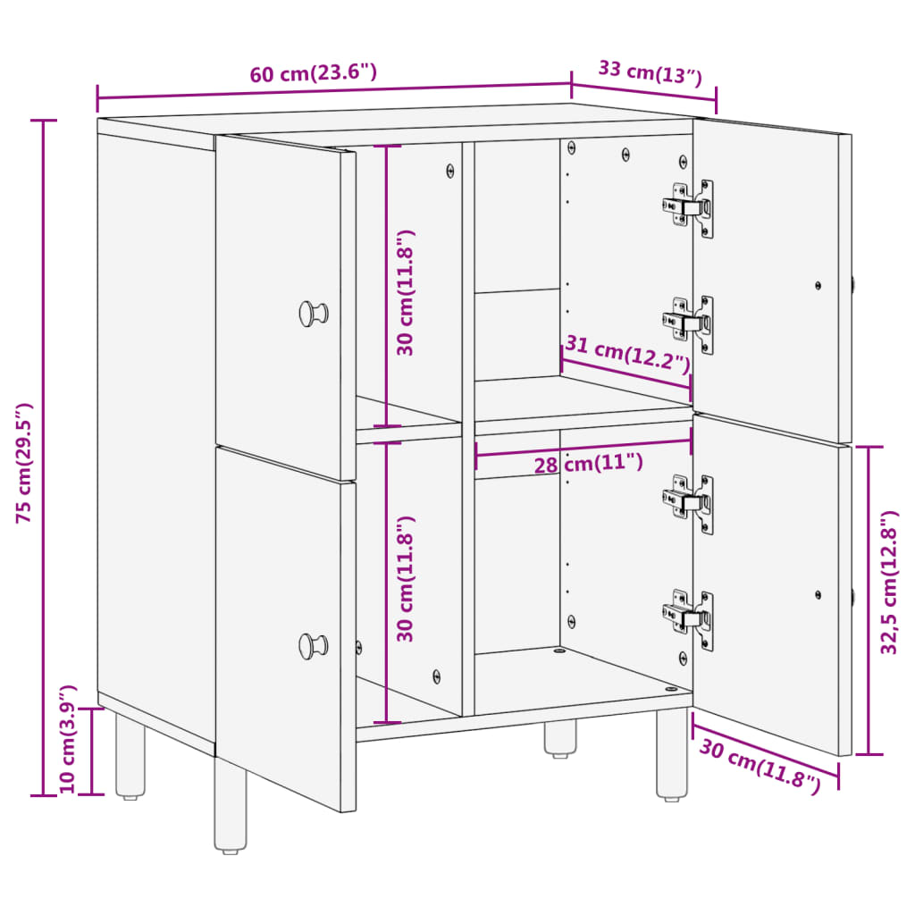 Beistellschrank 60X33X75 Cm Massivholz Akazie