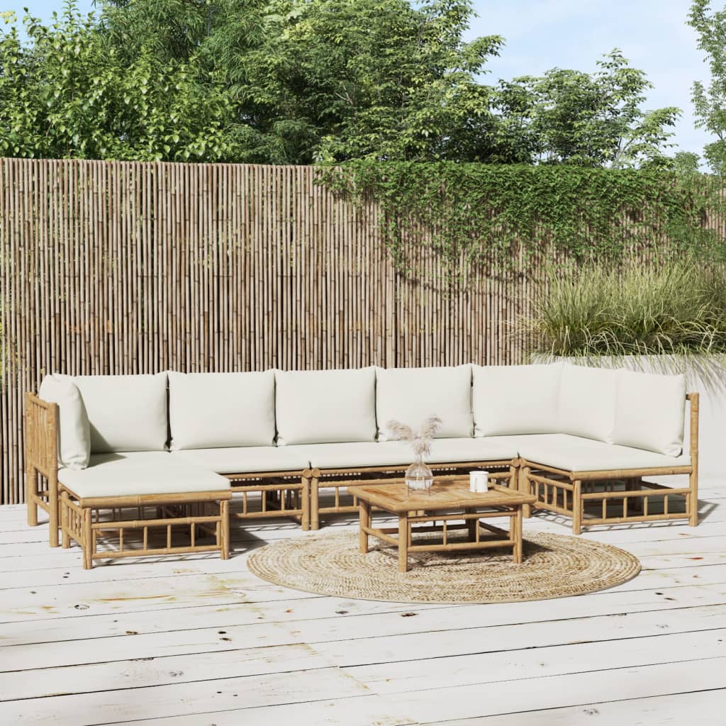 8-Tlg. Garten-Lounge-Set Mit Cremeweißen Kissen Bambus