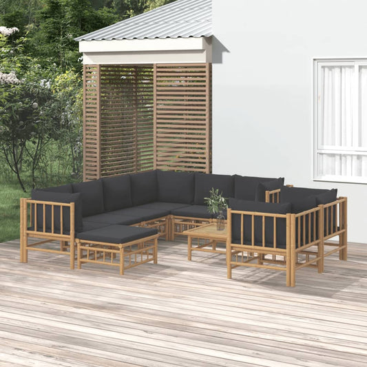 10-Tlg. Garten-Lounge-Set Mit Dunkelgrauen Kissen Bambus