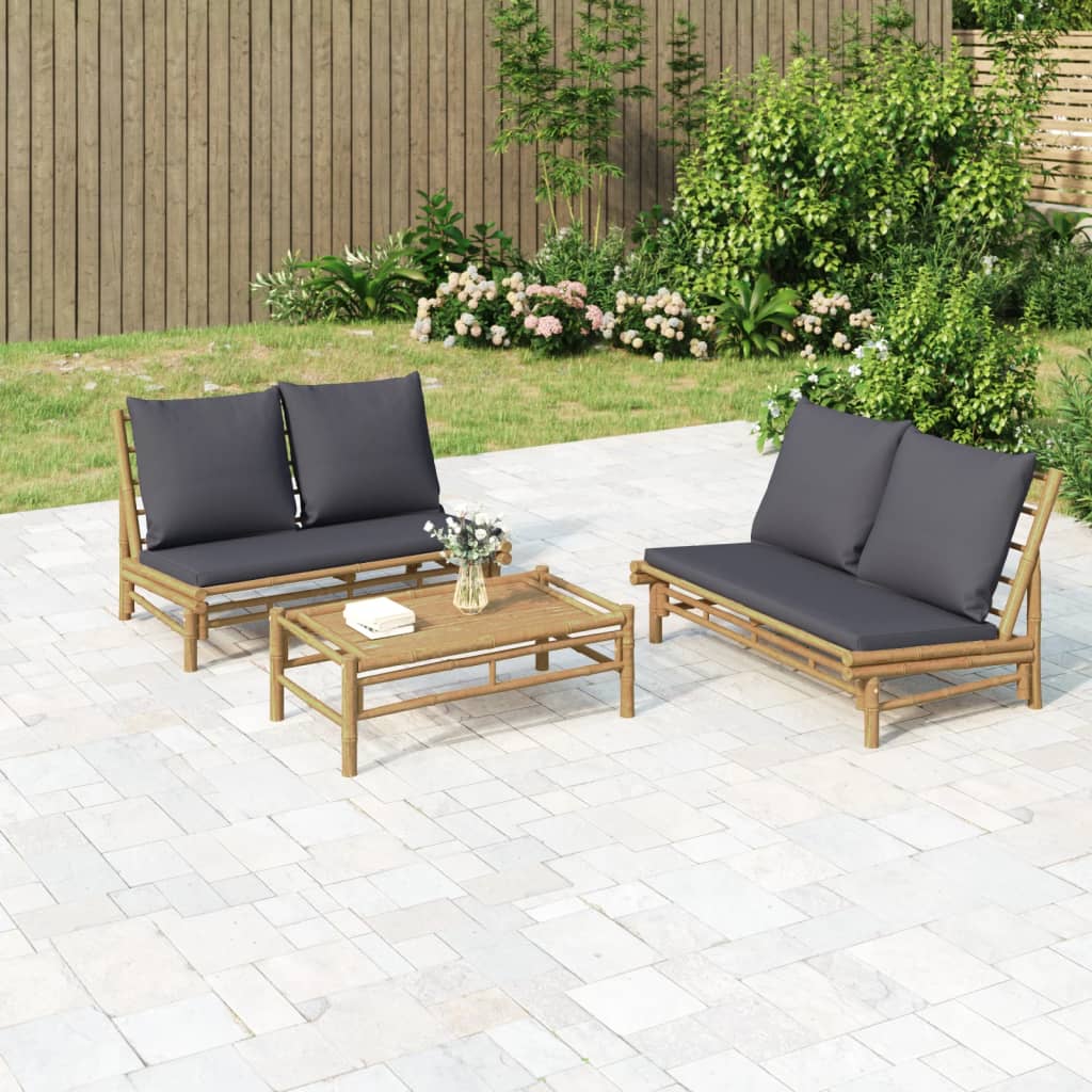 3-Tlg. Garten-Lounge-Set Mit En Kissen Bambus