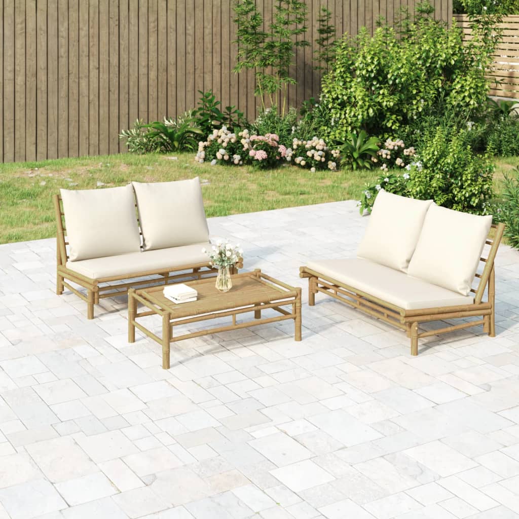 3-Tlg. Garten-Lounge-Set Mit En Kissen Bambus