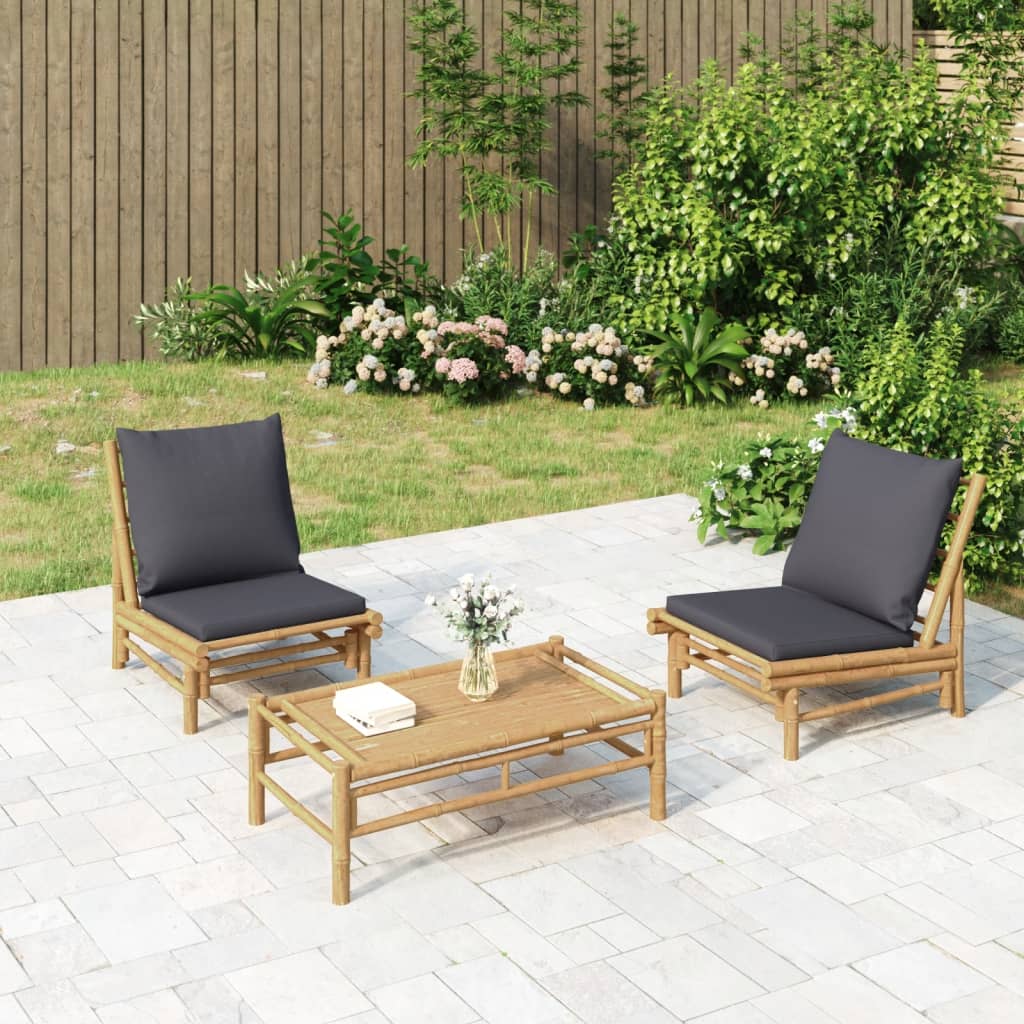 3-Tlg. Garten-Lounge-Set Mit En Kissen Bambus