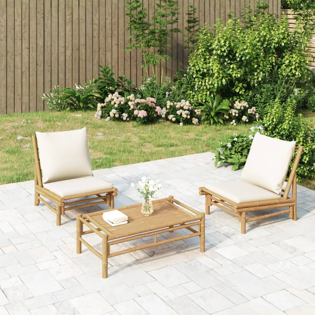 3-Tlg. Garten-Lounge-Set Mit En Kissen Bambus