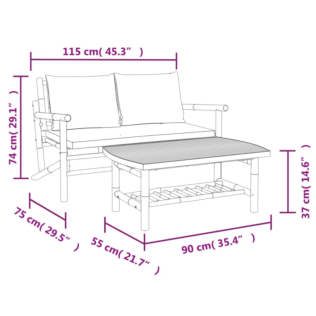 2-Tlg. Garten-Lounge-Set Mit Weißen Kissen Bambus