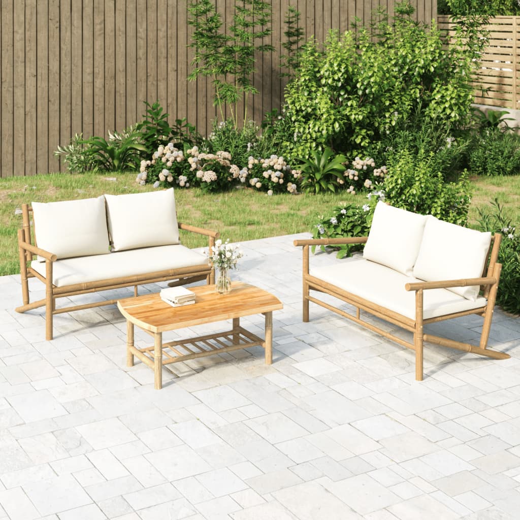 2-Tlg. Garten-Lounge-Set Mit Weißen Kissen Bambus